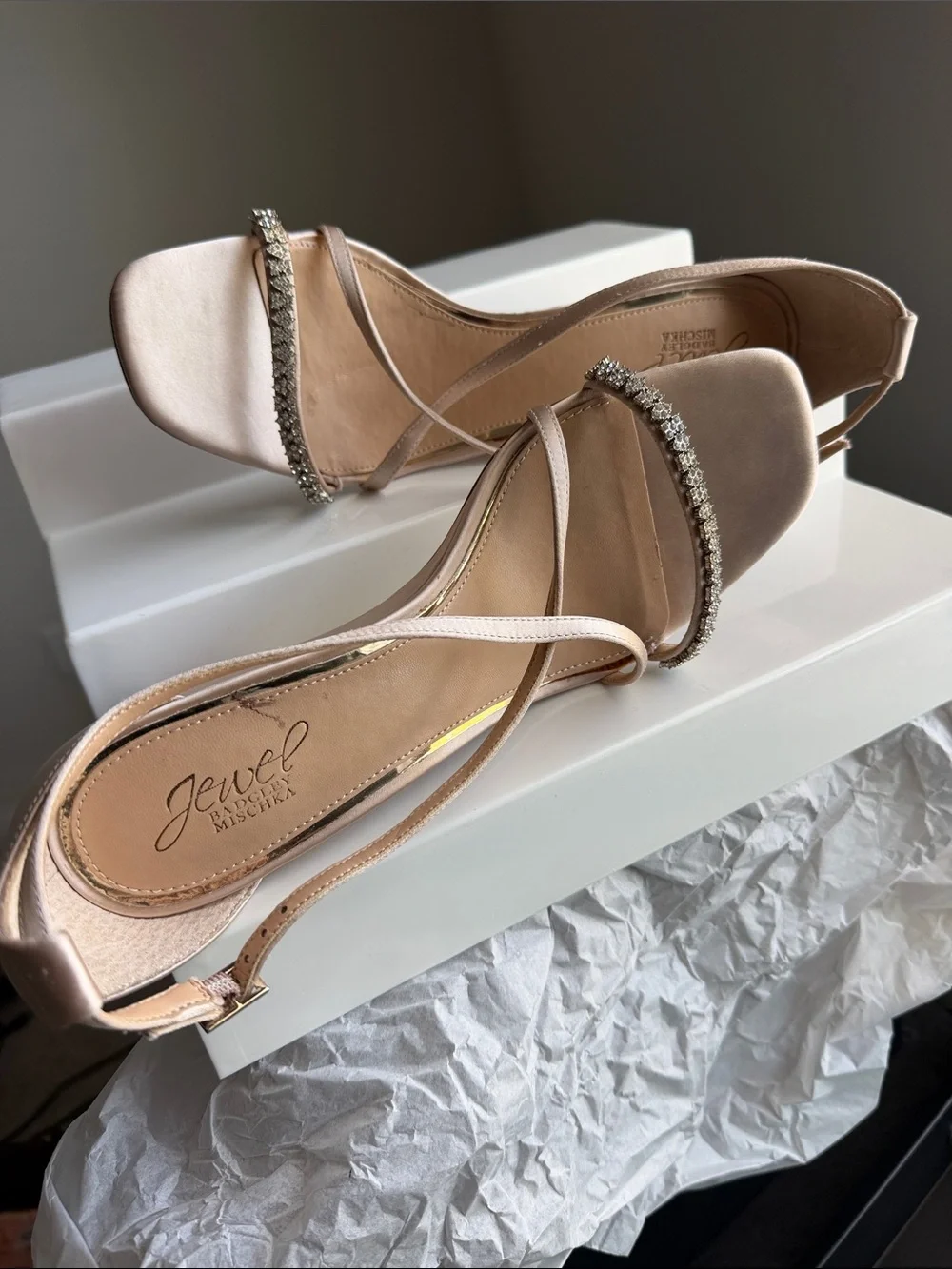 Jewel Badgley Mischka Blush Crystal Strap Wedge Sandals